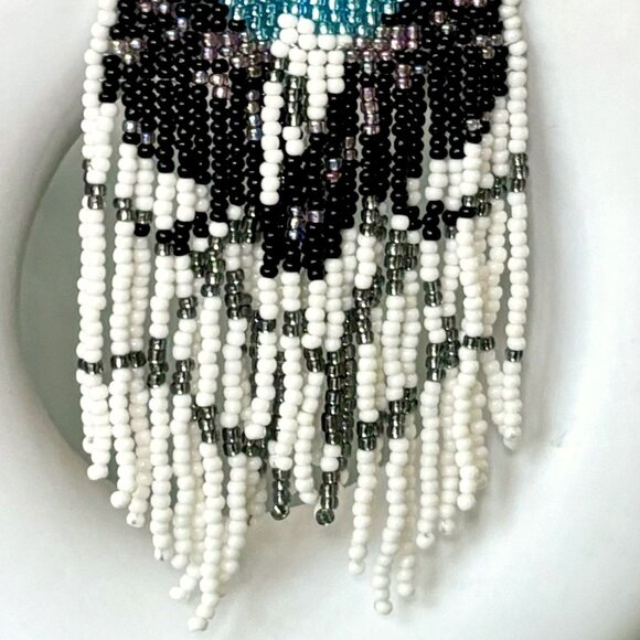 Hand Beaded Black Raven Crow on Branch Seed Bead Tasseled Dangle Earrings New - Picture 3 of 5